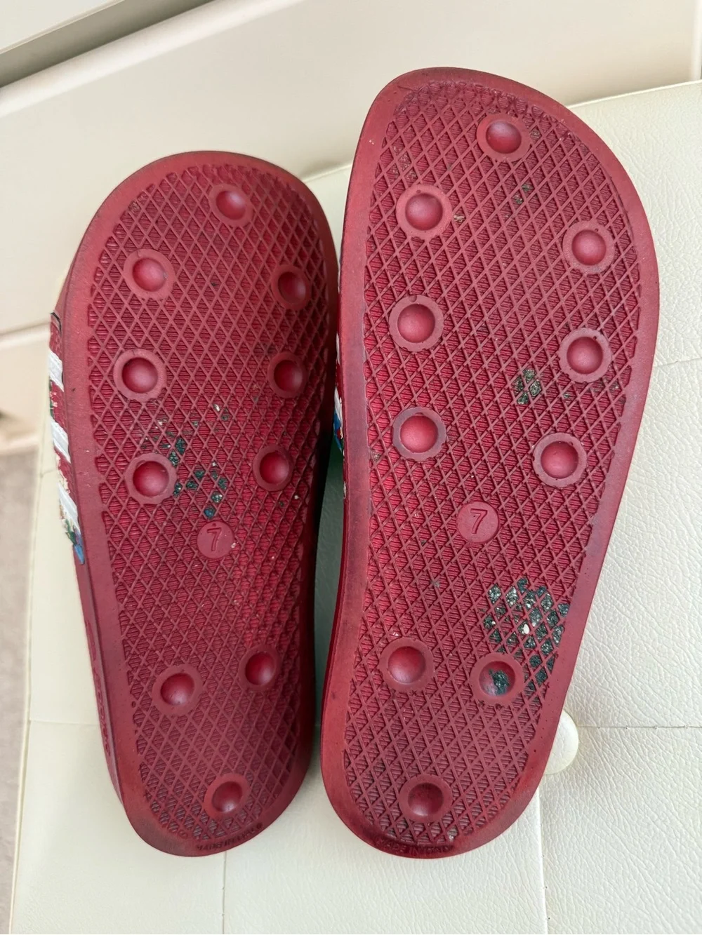 ADIDAS X THE FARM ADILETTE FLORAL STRIPED SLIDE SANDAL, RED